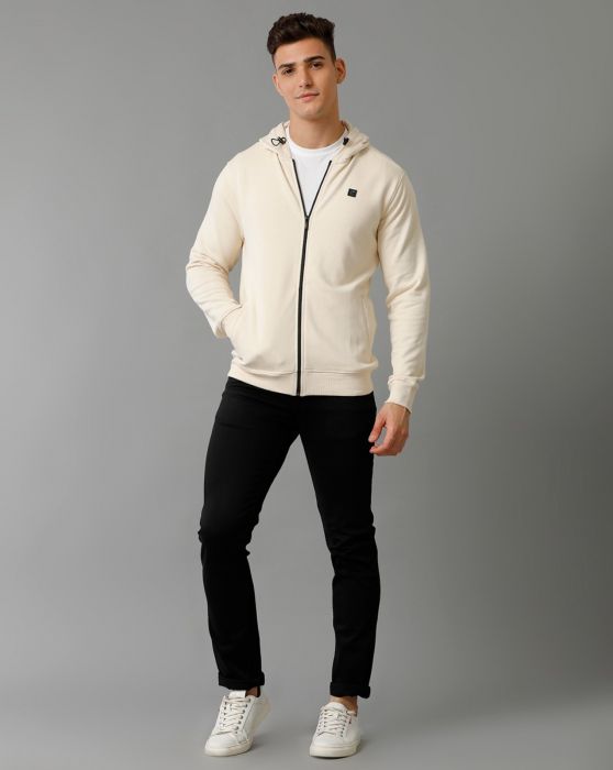 Cavallo By Linen Club Men's Knitted Cotton Linen Off White Solid Hoodie Jacket