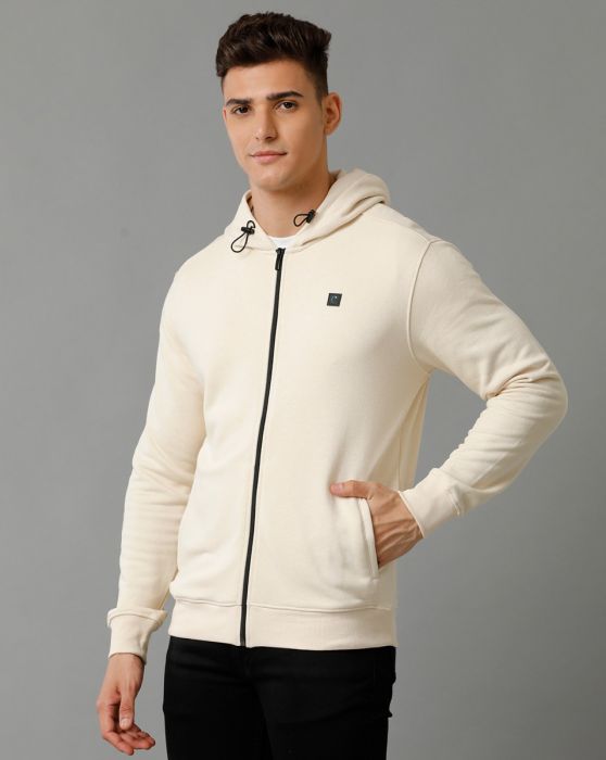 Cavallo By Linen Club Men's Knitted Cotton Linen Off White Solid Hoodie Jacket
