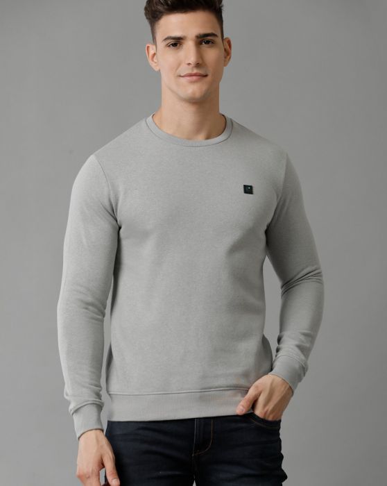 Cavallo By Linen Club Men's Knitted Cotton Linen Grey Solid Crew Neck Sweatshirt