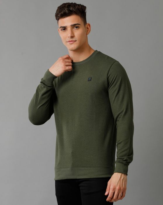 Cavallo By Linen Club Men's Knitted Cotton Linen Green Solid Crew Neck Sweatshirt