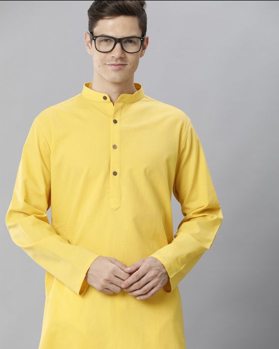 Cavallo By Linen Club Men's Cotton Linen Yellow Solid Regular Fit  Kurta