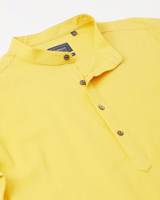 Cavallo By Linen Club Men's Cotton Linen Yellow Solid Regular Fit  Kurta