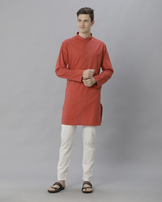Cavallo By Linen Club Men's Cotton Linen Red Solid Regular Fit  Kurta