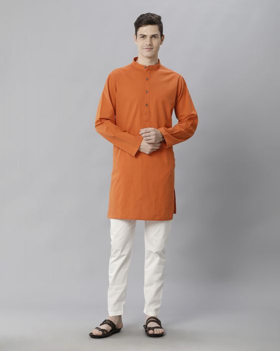 Cavallo By Linen Club Men's Cotton Linen ORANGE Solid Regular Fit  Kurta