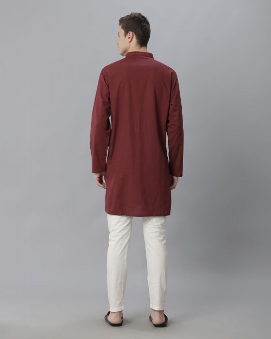 Cavallo By Linen Club Men's Cotton Linen Maroon Solid Regular Fit  Kurta