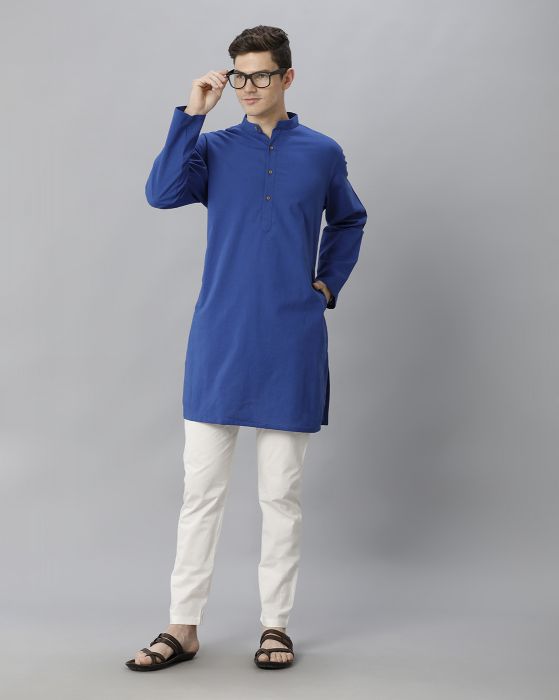Cavallo By Linen Club Men's Cotton Linen Blue Solid Regular Fit  Kurta