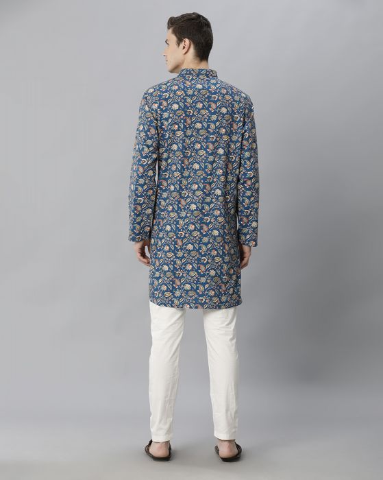 Cavallo By Linen Club Men's Cotton Linen Blue Printed Regular Fit  Kurta