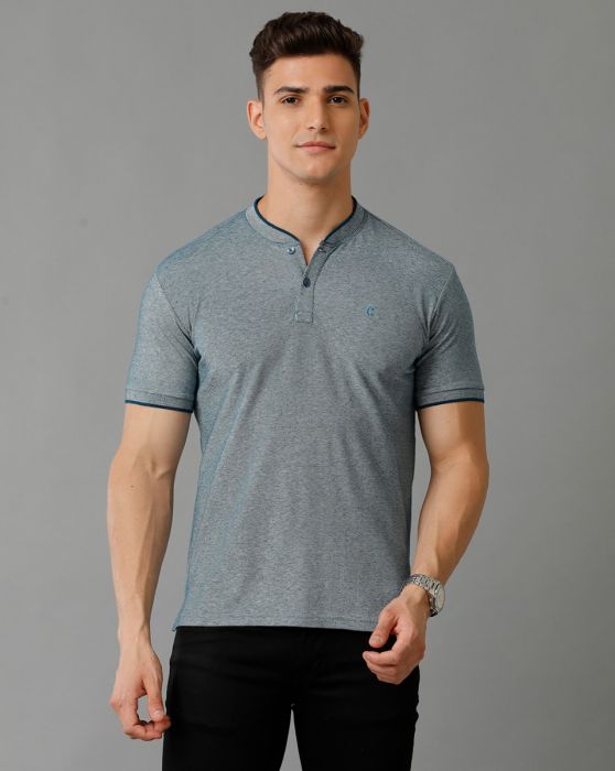 Cavallo By Linen Club Men's Cotton Linen Blue Solid Mandarin collar T-Shirt