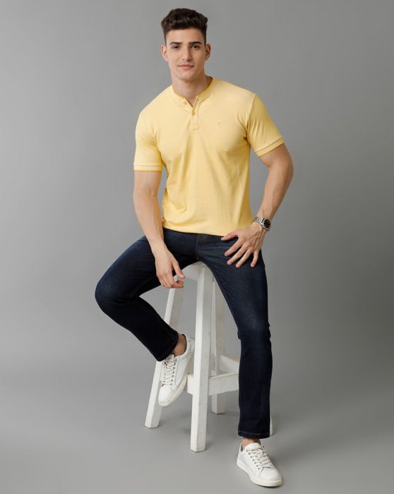 Cavallo By Linen Club Men's Cotton Linen Yellow Solid Mandarin collar T-Shirt