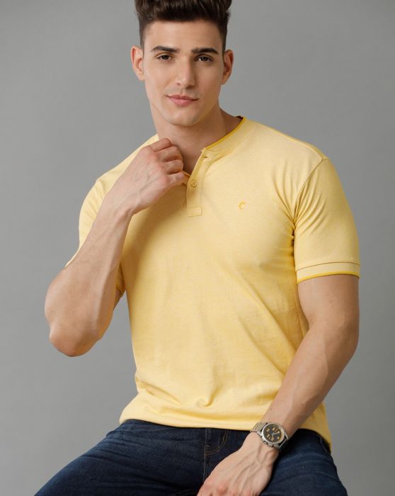 Cavallo By Linen Club Men's Cotton Linen Yellow Solid Mandarin collar T-Shirt