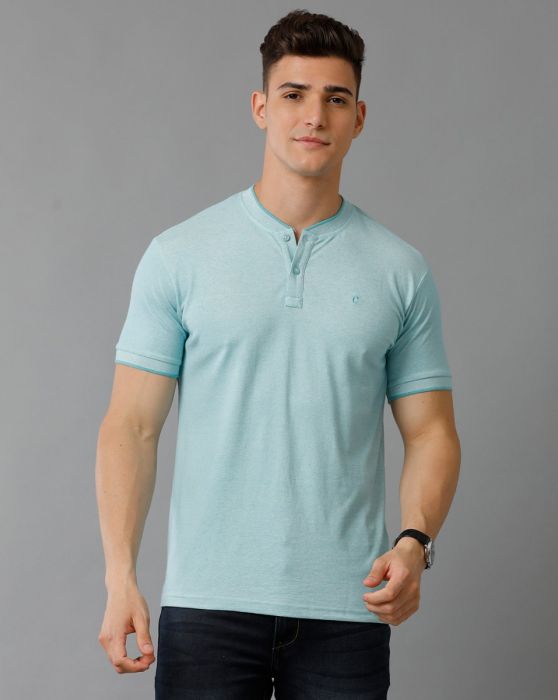 Cavallo By Linen Club Men's Cotton Linen Green Solid Mandarin collar T-Shirt