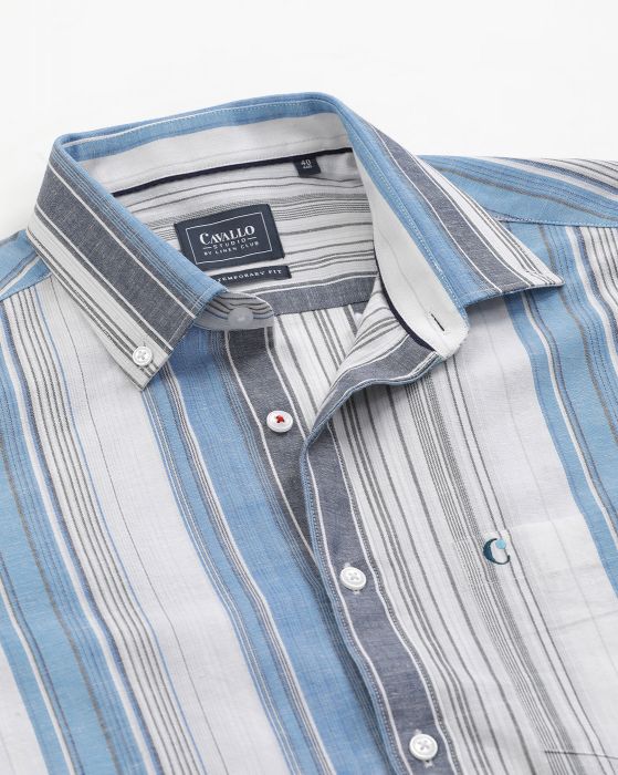 Cavallo By Linen Club Men's Cotton Linen Blue Striped Regular Fit Full Sleeve Casual Shirt