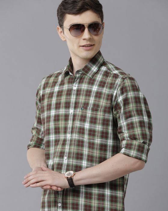 Cavallo By Linen Club Men's Cotton Linen Green Checks Regular Fit Full Sleeve Casual Shirt