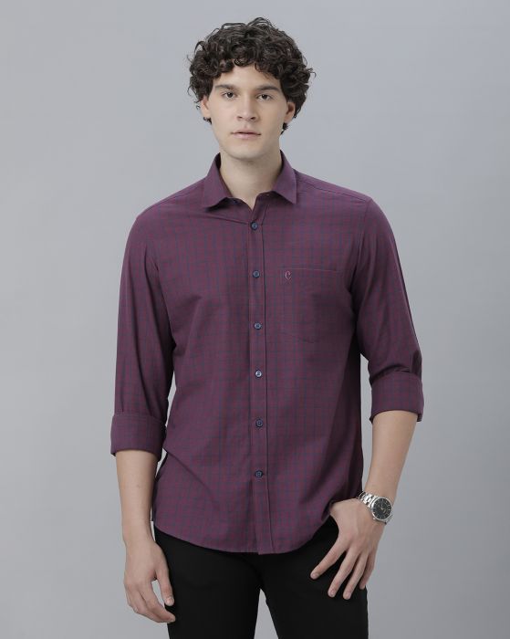 Cavallo By Linen Club Men's Cotton Linen Purple Checks Regular Fit Full Sleeve Casual Shirt
