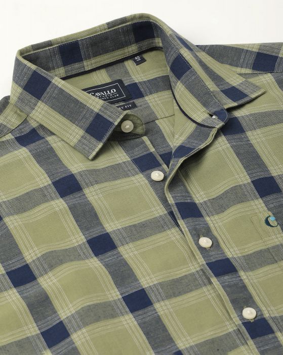 Cavallo By Linen Club Men's Cotton Linen Green Checks Regular Fit Full Sleeve Casual Shirt