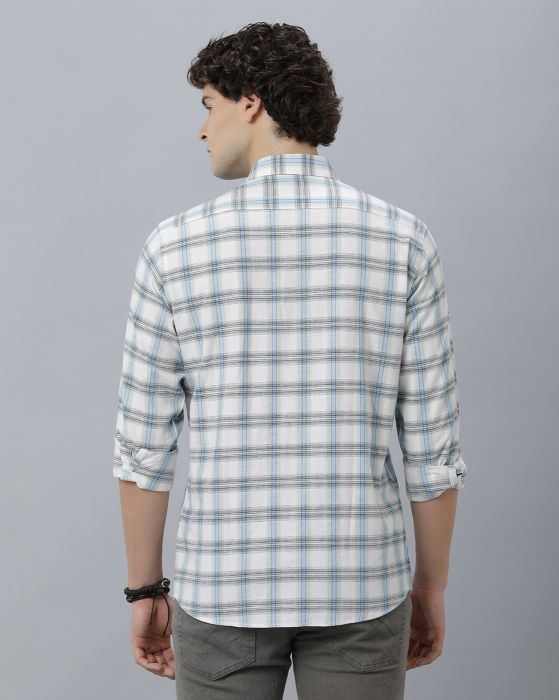 Cavallo By Linen Club Men's Cotton Linen Turquoise Blue Checks Regular Fit Full Sleeve Casual Shirt