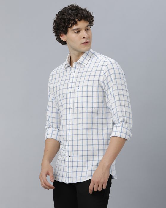 Cavallo By Linen Club Men's Cotton Linen Blue Checks Regular Fit Full Sleeve Casual Shirt