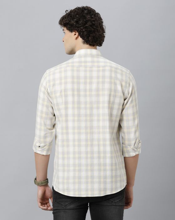 Cavallo By Linen Club Men's Cotton Linen Yellow Checks Regular Fit Full Sleeve Casual Shirt
