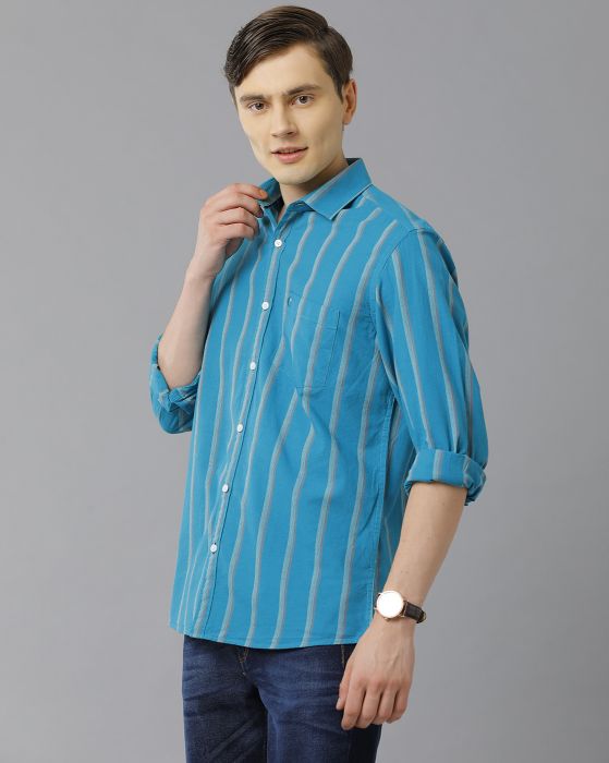 Cavallo By Linen Club Men's Cotton Linen Turquoise Blue Striped Regular Fit Full Sleeve Casual Shirt