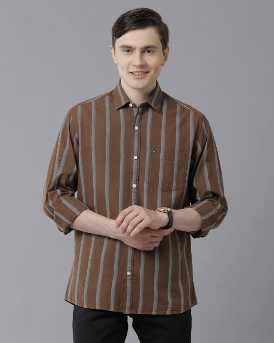 Cavallo By Linen Club Men's Cotton Linen Brown Striped Regular Fit Full Sleeve Casual Shirt