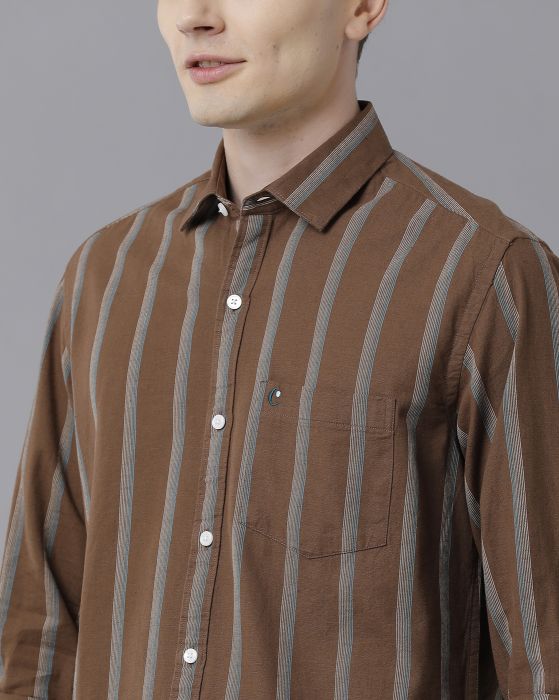 Cavallo By Linen Club Men's Cotton Linen Brown Striped Regular Fit Full Sleeve Casual Shirt
