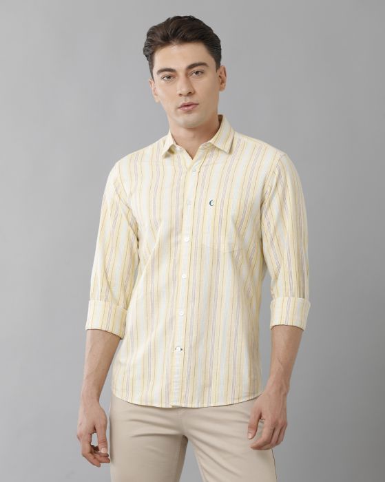 Cavallo By Linen Club Men's Cotton Linen Yellow Striped Regular Fit Full Sleeve Casual Shirt
