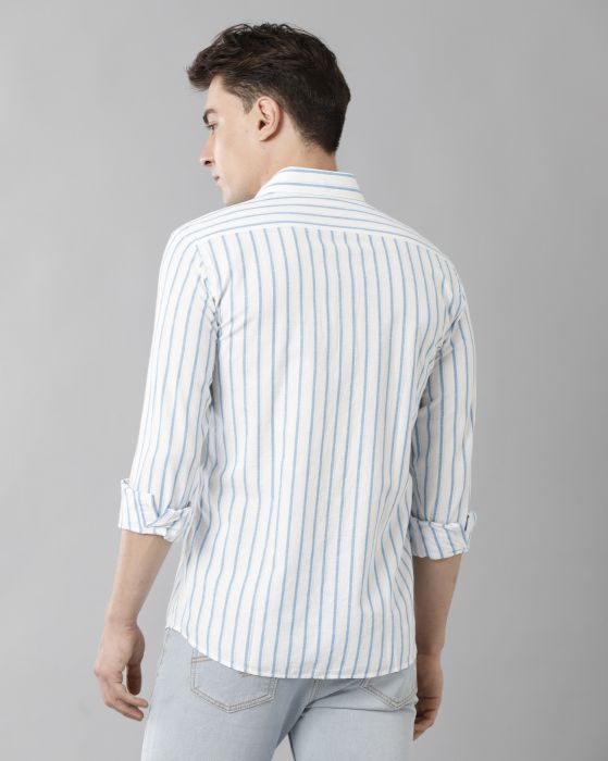 Cavallo By Linen Club Men's Cotton Linen Blue Striped Regular Fit Full Sleeve Casual Shirt