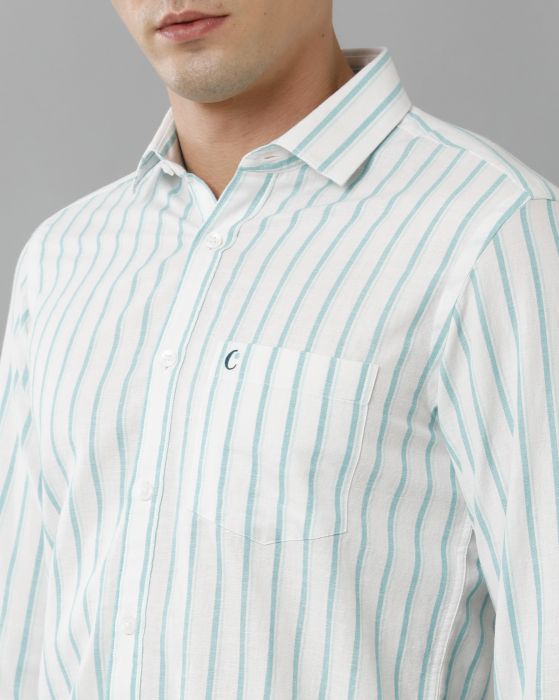Cavallo By Linen Club Men's Cotton Linen Green Striped Regular Fit Full Sleeve Casual Shirt