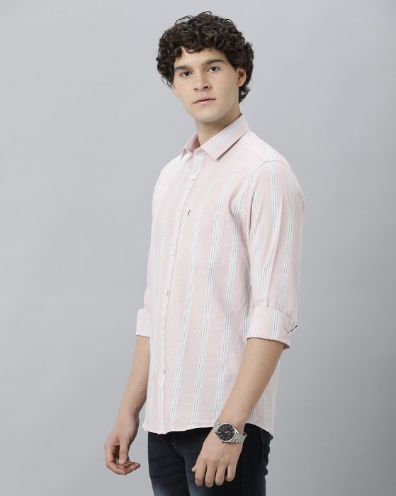 Cavallo By Linen Club Men's Cotton Linen Pink Striped Regular Fit Full Sleeve Casual Shirt
