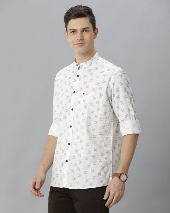 Cavallo By Linen Club Men's Cotton Linen White Printed Regular Fit Full Sleeve Casual Shirt