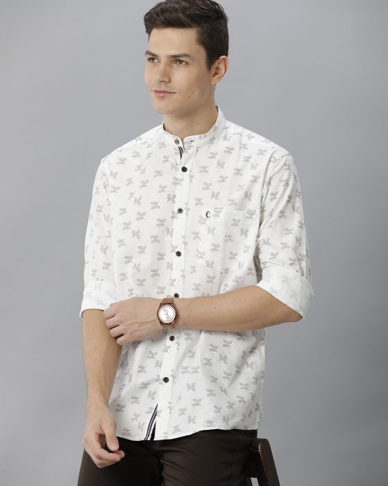 Cavallo By Linen Club Men's Cotton Linen White Printed Regular Fit Full Sleeve Casual Shirt