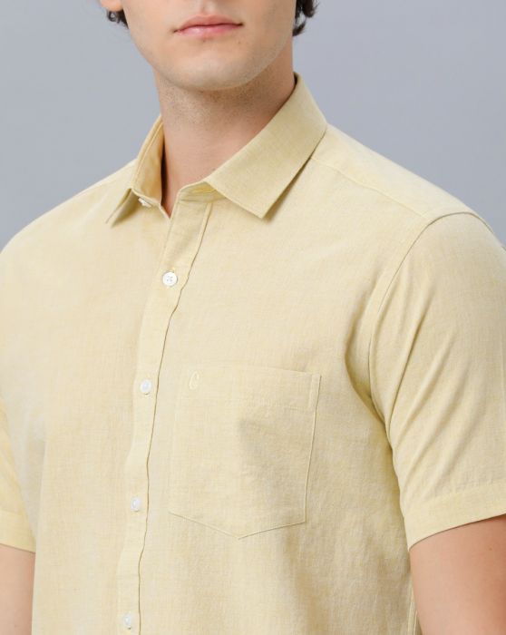 Cavallo By Linen Club Men's Cotton Linen Yellow Solid Regular Fit Half Sleeve Casual Shirt