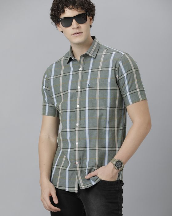 Cavallo By Linen Club Men's Cotton Linen Green Checks Regular Fit Half Sleeve Casual Shirt