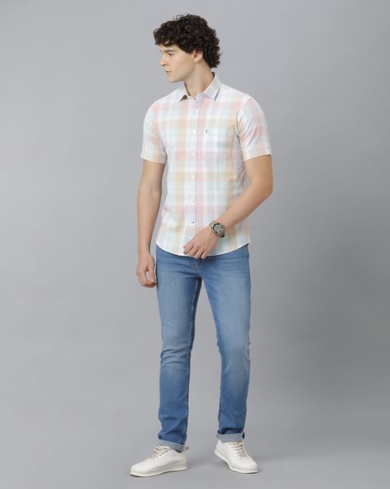 Cavallo By Linen Club Men's Cotton Linen Pink Checks Regular Fit Half Sleeve Casual Shirt