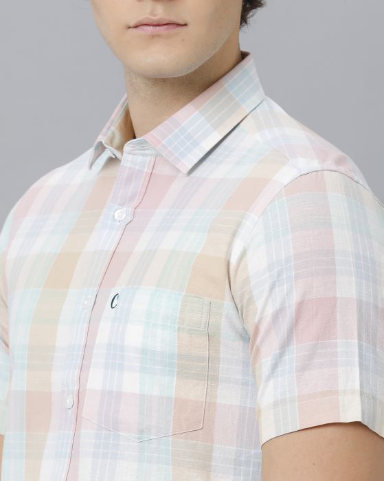 Cavallo By Linen Club Men's Cotton Linen Pink Checks Regular Fit Half Sleeve Casual Shirt