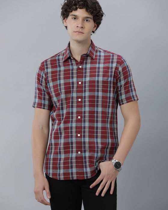 Cavallo By Linen Club Men's Cotton Linen Red Checks Regular Fit Half Sleeve Casual Shirt