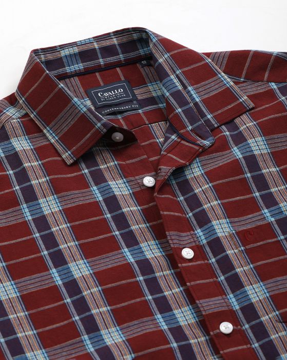 Cavallo By Linen Club Men's Cotton Linen Red Checks Regular Fit Half Sleeve Casual Shirt
