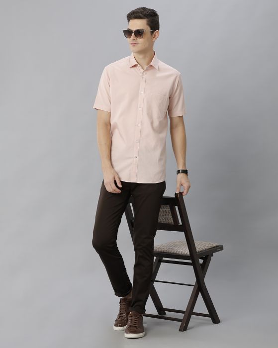 Cavallo By Linen Club Men's Cotton Linen PEACH Solid Regular Fit Half Sleeve Casual Shirt