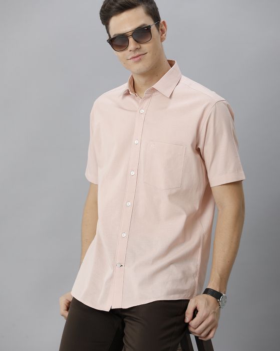 Cavallo By Linen Club Men's Cotton Linen PEACH Solid Regular Fit Half Sleeve Casual Shirt