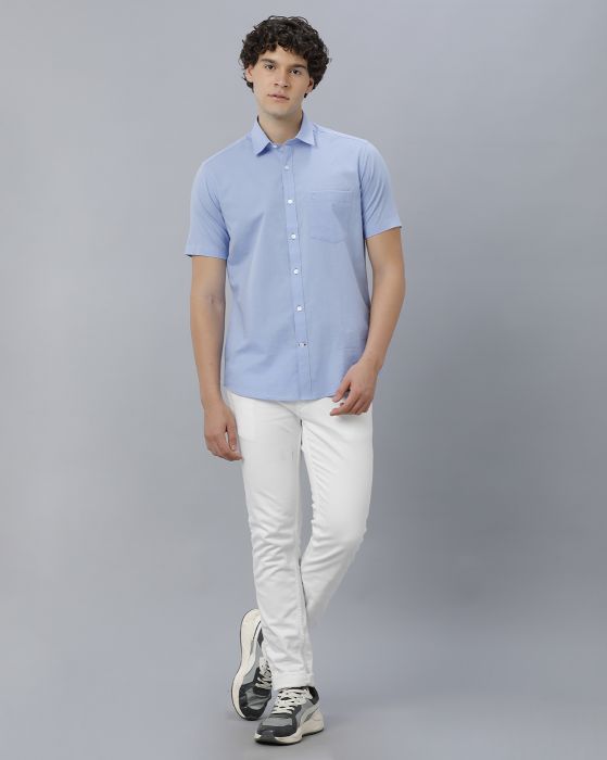 Cavallo By Linen Club Men's Cotton Linen Blue Solid Regular Fit Half Sleeve Casual Shirt