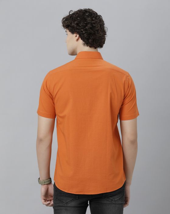 Cavallo By Linen Club Men's Cotton Linen ORANGE Solid Regular Fit Half Sleeve Casual Shirt