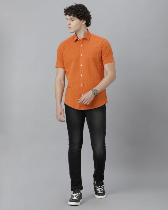 Cavallo By Linen Club Men's Cotton Linen ORANGE Solid Regular Fit Half Sleeve Casual Shirt