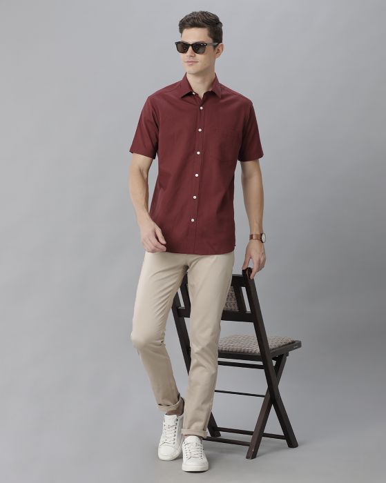 Cavallo By Linen Club Men's Cotton Linen Maroon Solid Regular Fit Half Sleeve Casual Shirt