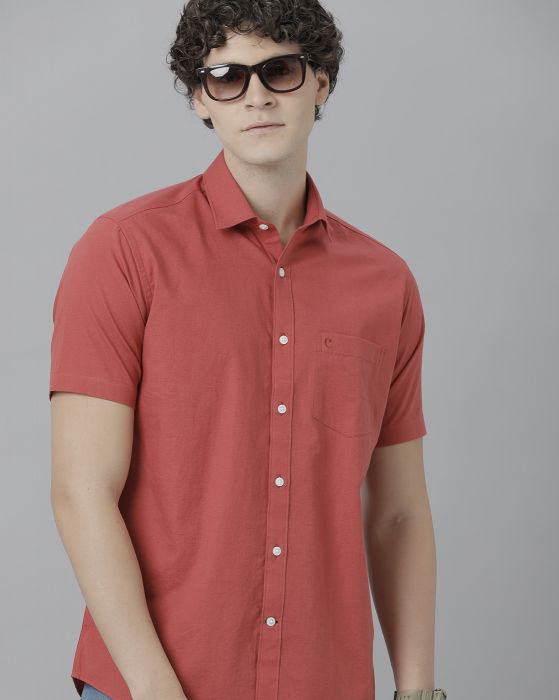 Cavallo By Linen Club Men's Cotton Linen Red Solid Regular Fit Half Sleeve Casual Shirt