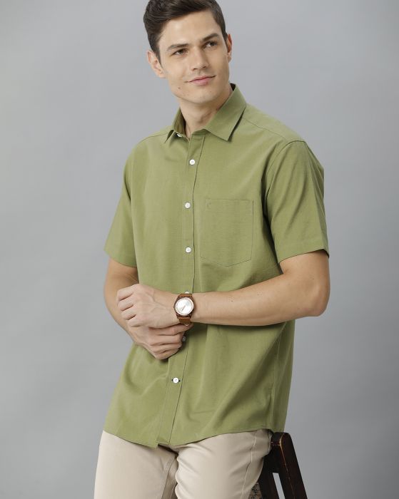 Cavallo By Linen Club Men's Cotton Linen Green Solid Regular Fit Half Sleeve Casual Shirt