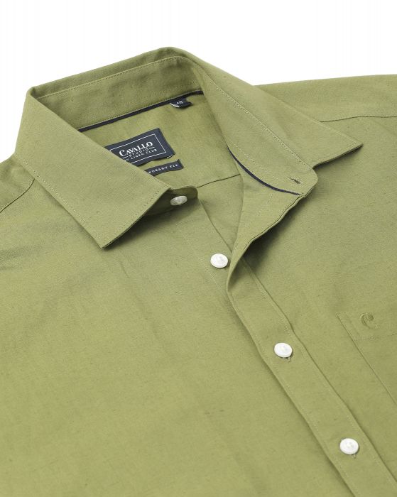 Cavallo By Linen Club Men's Cotton Linen Green Solid Regular Fit Half Sleeve Casual Shirt