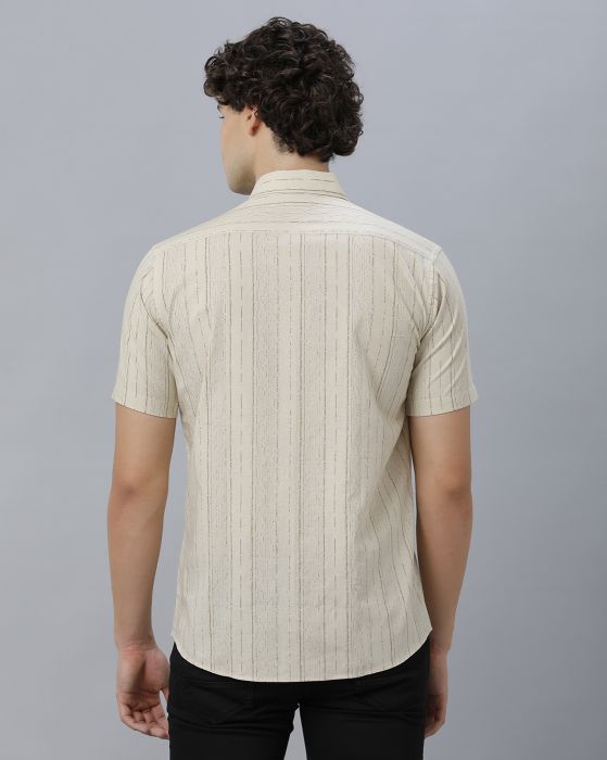 Cavallo By Linen Club Men's Cotton Linen Beige Printed Regular Fit Half Sleeve Casual Shirt