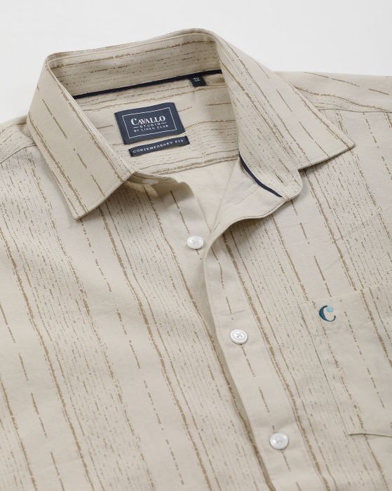 Cavallo By Linen Club Men's Cotton Linen Beige Printed Regular Fit Half Sleeve Casual Shirt