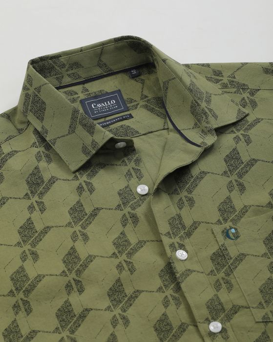 Cavallo By Linen Club Men's Cotton Linen Green Printed Regular Fit Half Sleeve Casual Shirt
