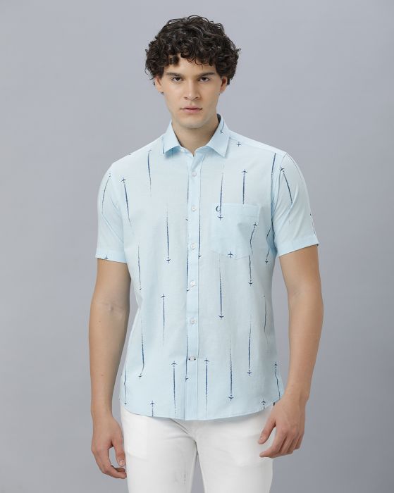 Cavallo By Linen Club Men's Cotton Linen Blue Printed Regular Fit Half Sleeve Casual Shirt
